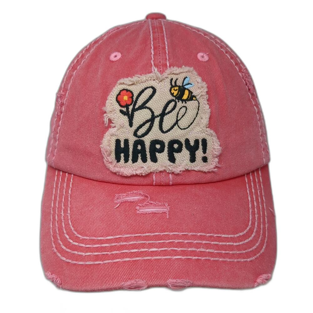 KBETHOS Baseball Cap Pink One Size Distressed Bee Happy Patch Strapback Hat